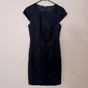 J Crew Navy Sheath Dress Size 2 Cap Sleeve Knee Length Brocade Print Formal Y2K